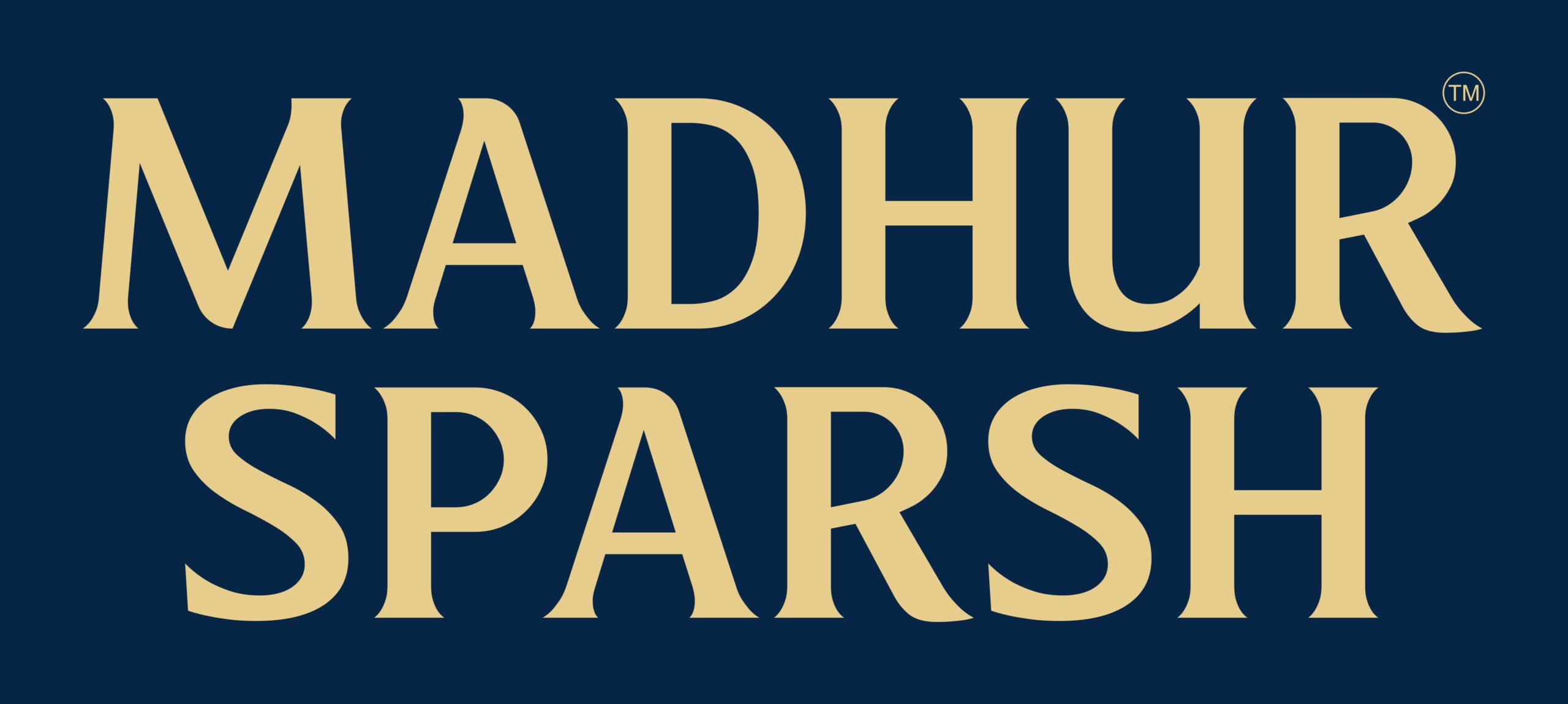 madhur sparsh logo with beige text on a dark blue background.